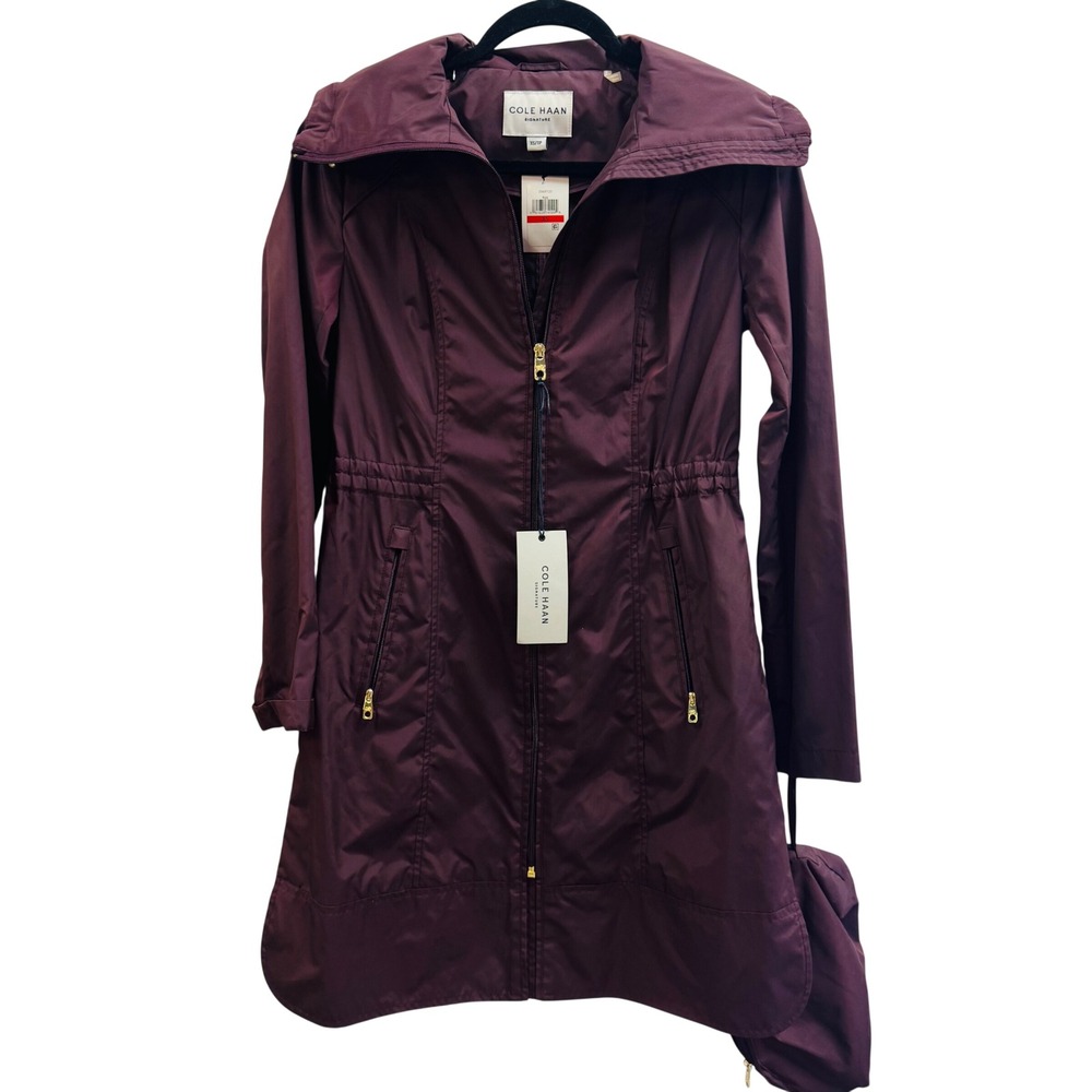 NWT Cole Haan Signature Womens XS Packable Raincoat Purple Gold Zip
